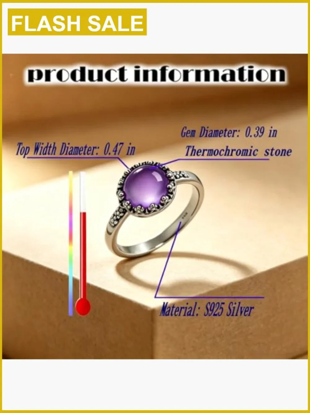 Vintage Cherry Blossom Mood Ring S925 Sterling Silver Thermochromic Color